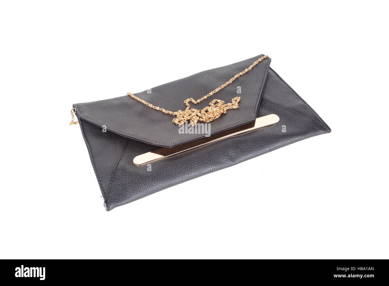 Schwarze Handtasche, isoliert auf weißem Hintergrund. Stockfoto