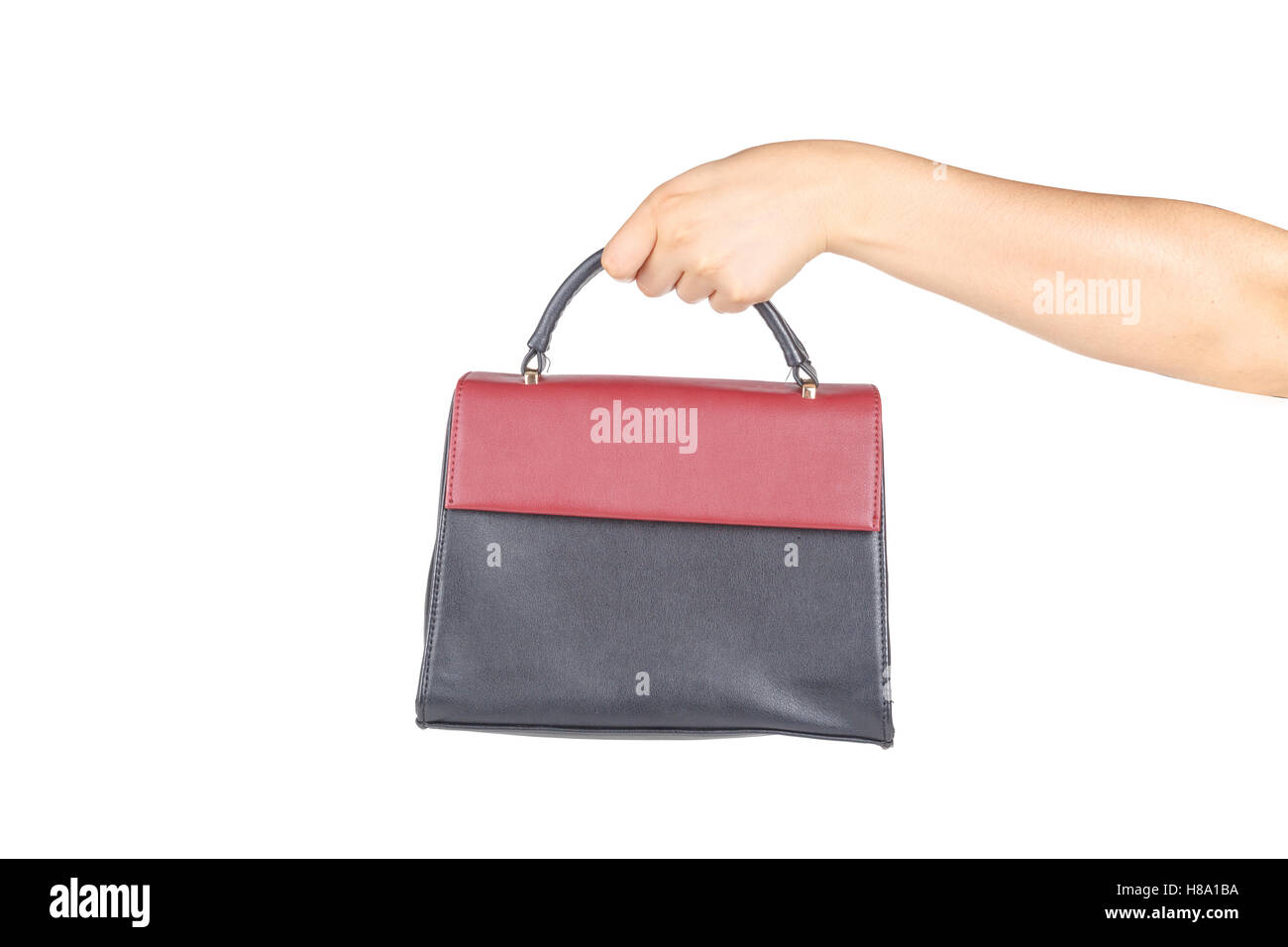 Frau Hand mit Business-Handtasche, isoliert auf weißem Hintergrund. Stockfoto