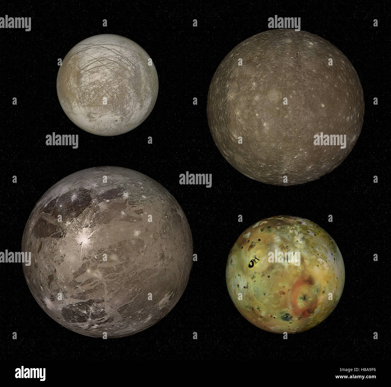 vier größten Monde des Jupiter, echten Vergleich auf schwarzem Hintergrund Stockfoto