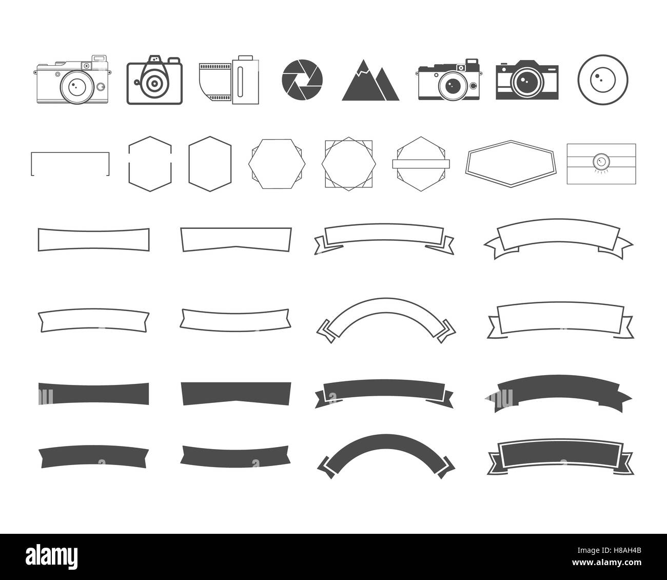 Fotografie-Vintage und Retro-Symbole, Bänder, Frames, Elemente. Machen Sie Ihre eigenen Symbole, Abzeichen, Etiketten-Satz. Kamera-Logo-Vorlagen. Stockfoto