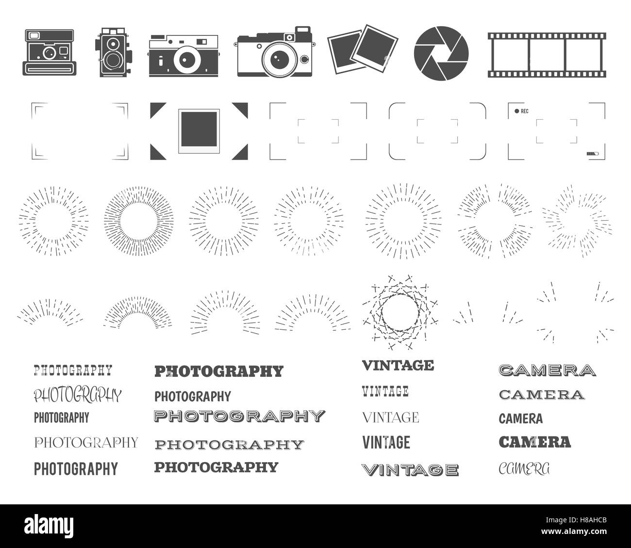 Fotografie-Vintage und Retro-Symbole, Bänder, Frames, Sunburst Elemente. Machen Sie Ihre eigenen Symbole, Abzeichen, Etiketten-Satz. alte Kamera-Logo-Vorlagen. Abbildung Stockfoto