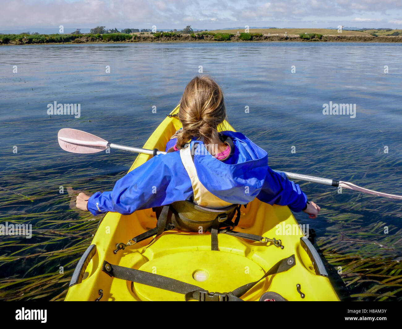 Mädchen im Kajak betrachtet Landschaft der Elkhorn Slough in der Nähe von Moss Landing und Monterey Bay, eine geschützte northern California-Mündung. Stockfoto