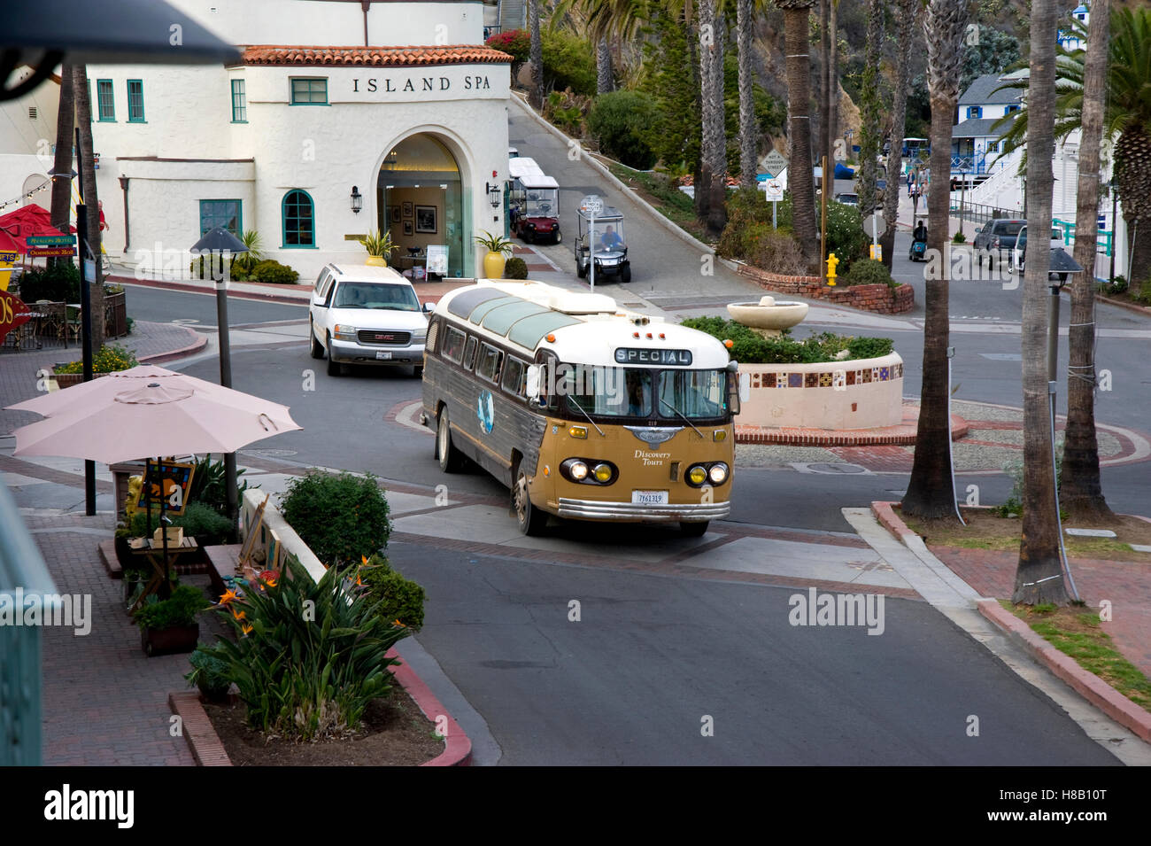 Oldtimer Bus in Avalon Touren Catalina Island vor der Südküste von Kalifornien. Stockfoto