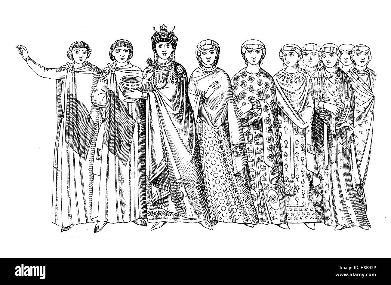 Theodora, ca 500-548, war die Ehefrau des östlichen Kaiser Justinian. Hier, mit ihrem Gefolge in byzantinischen Gerichten nach einem Mosaik in Ravenna, Geschichte der Mode, Kostüm-Geschichte Stockfoto