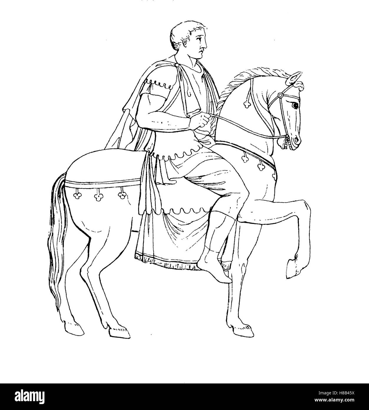 Antikes Rom, römischer Reiter mit Lorica und Sagum, Reiten Mantel, Geschichte der Mode, Kostüm-Geschichte Stockfoto
