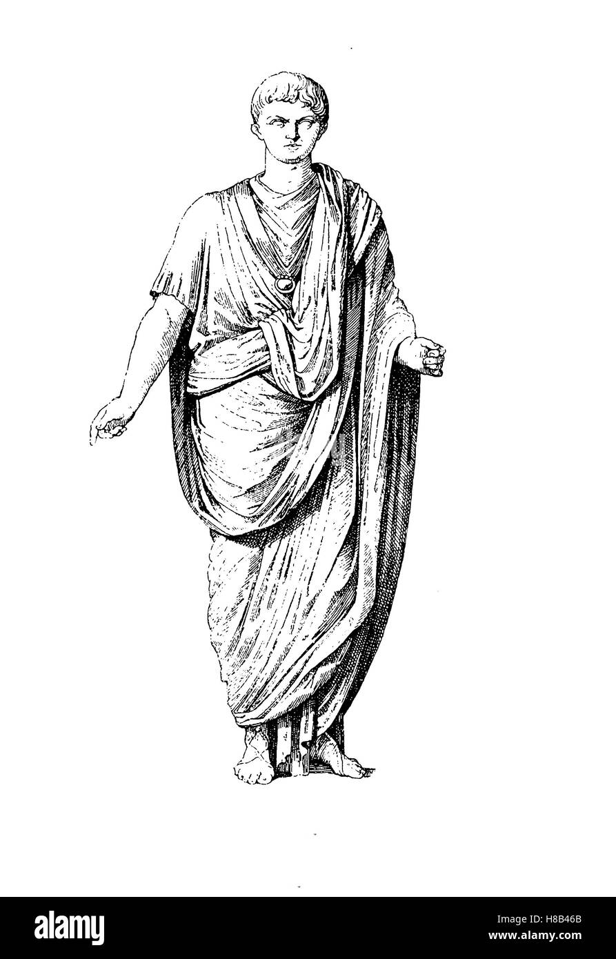 Toga, ein unverwechselbares Kleidungsstück des antiken Roms, Vollform, hier auf eine Statue des Marcellus, Enkel von Kaiser Augustus, Rom, Geschichte der Mode, Kostüm-Geschichte Stockfoto