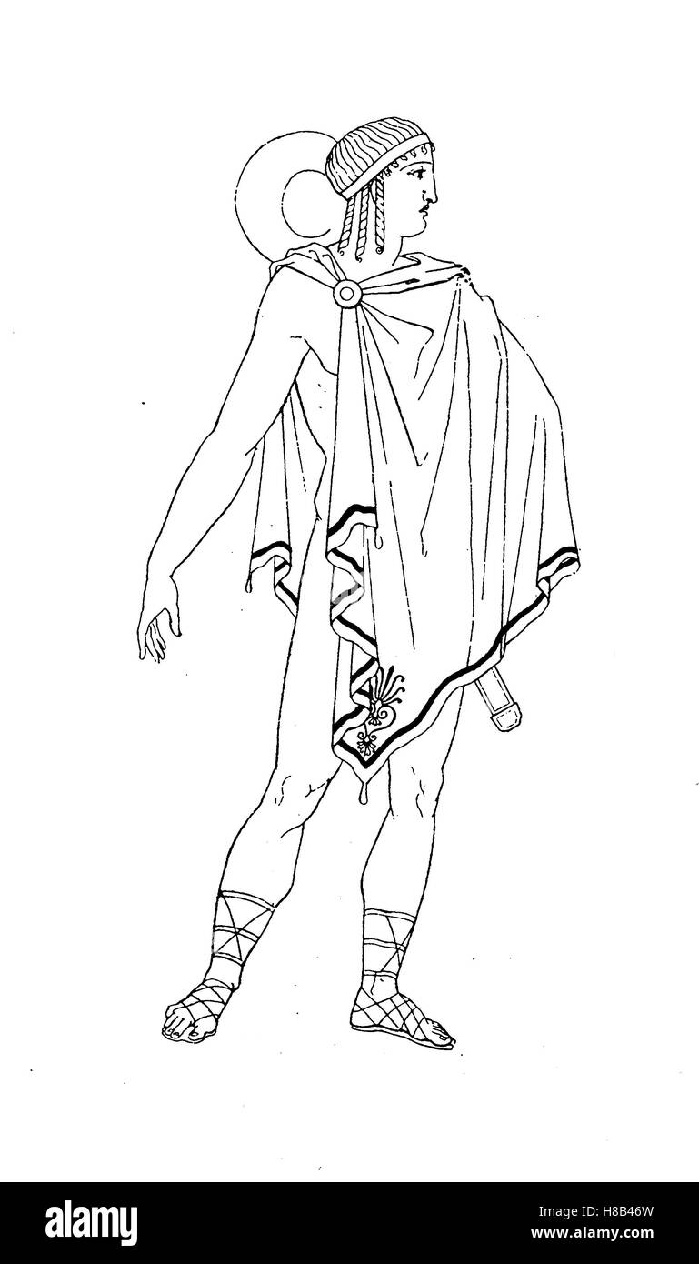 Griechenland, Epheben mit Chlamys bekleidet und Hut Chlamys bekleidet war in alten Zeiten eine kurze Reit- und Reis Mantel, Geschichte der Mode, Kostüm-Geschichte Stockfoto