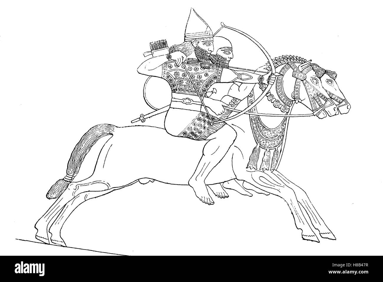 Assyrische Bogenschütze zu Pferd, Geschichte der Mode, Kostüm-Geschichte Stockfoto