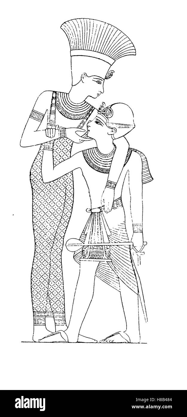 Anukis, gegebenenfalls Anket, Anket, auch Anuket ist eine Göttin aus dem Sudan, die war auch verehrt im alten Ägypten, hier mit Pharao Ramses II, 19. Dynastie, Ägypten, Geschichte der Mode, Kostüm-Geschichte Stockfoto