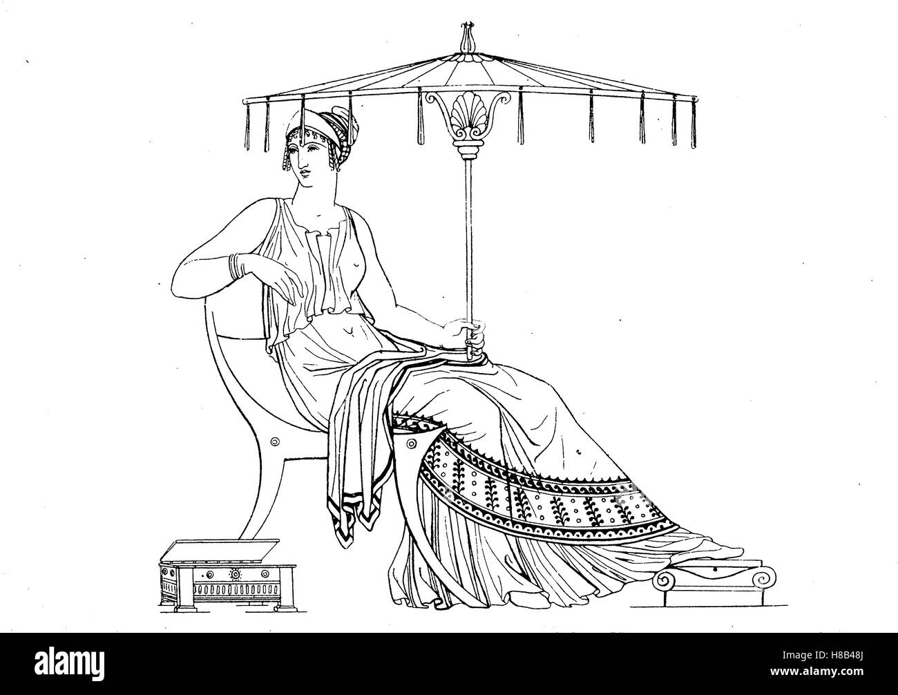 Griechische Frau mit Regenschirm, griechische Antike, nach einer Vase, Malerei, Mode, Kostüm-Geschichte Stockfoto