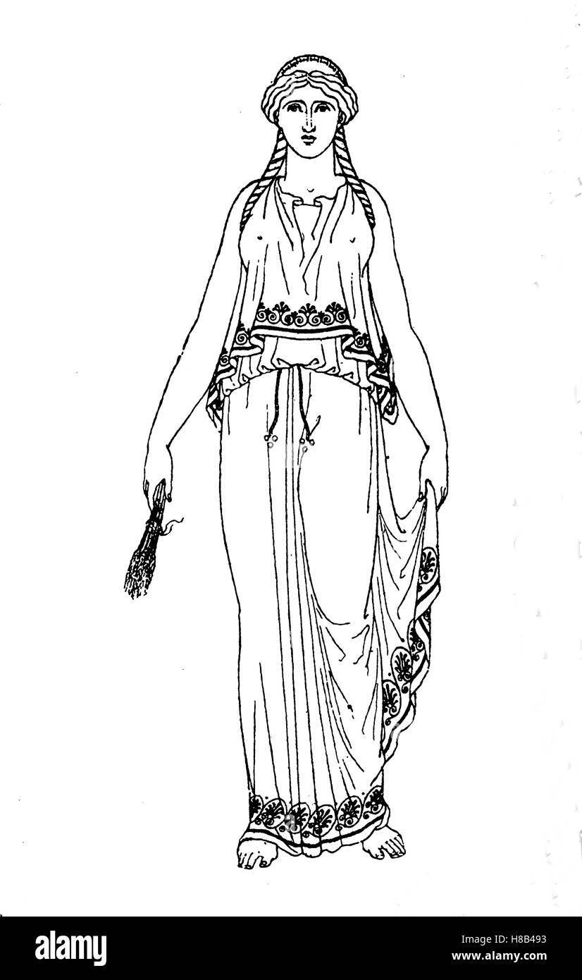 Griechisch, Priesterin der Demeter, in Chiton mit Dipolidion und Kolpos, nach einer Vase, Malerei, Mode, Kostüm-Geschichte Stockfoto