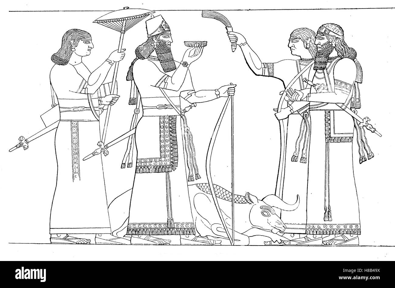 Assyrian König mit Diener und Träger, Geschichte der Mode, Kostüm-Geschichte Stockfoto