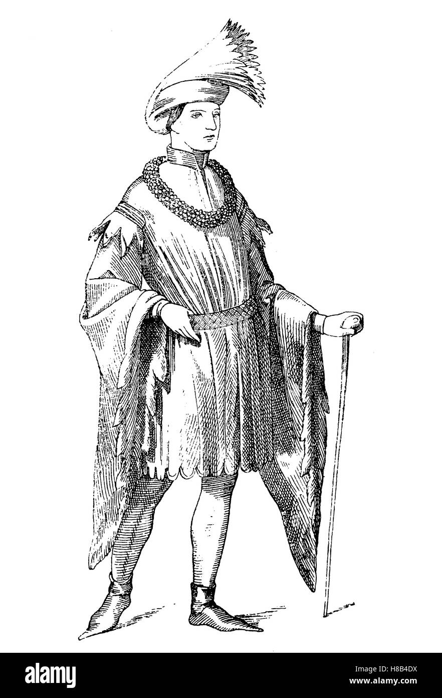 französische edel mit Zatteltracht, Anfang des 15. Jahrhundert, Geschichte der Mode, Kostüm-Geschichte Stockfoto