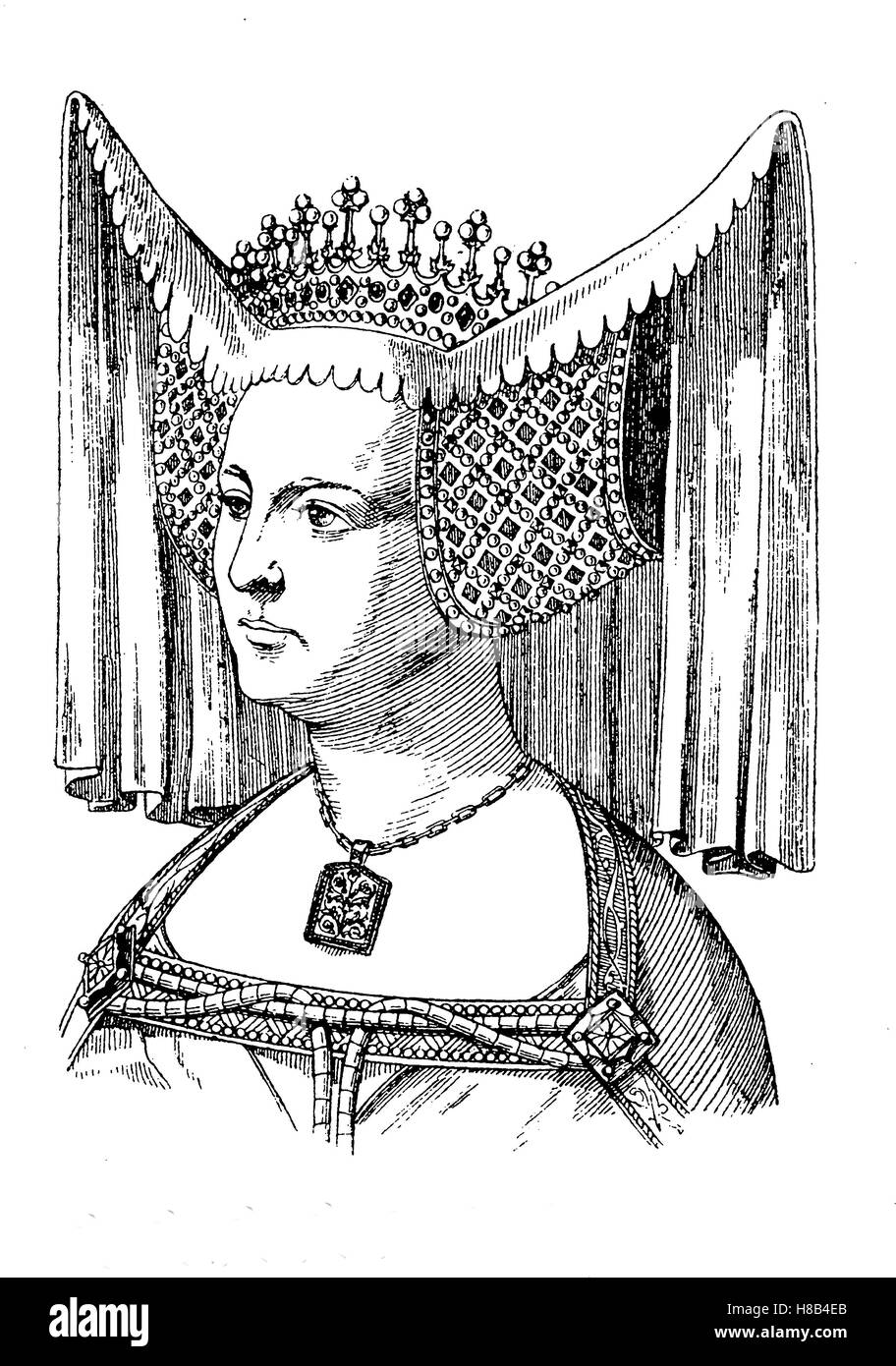 Englische Kopfbedeckung mit Schmuck, Jahr 1430, Gräfin Arundel, Geschichte der Mode, Kostüm-Geschichte Stockfoto