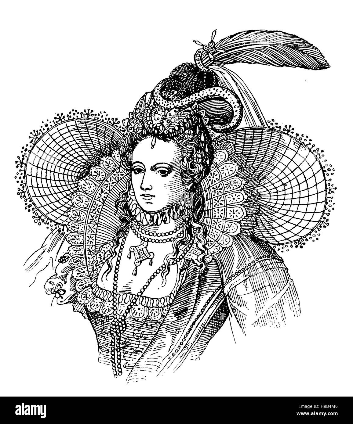 Elisabeth i. von England, 1590, Geschichte der Mode, Kostüm-Geschichte Stockfoto