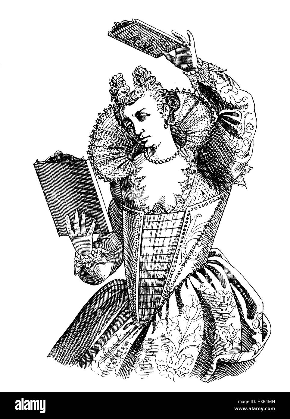 italienische Dame aus Seitengasse mit hochgezogener Frisur und spitzen Kragen, 1578, Geschichte der Mode, Kostüm-Geschichte Stockfoto