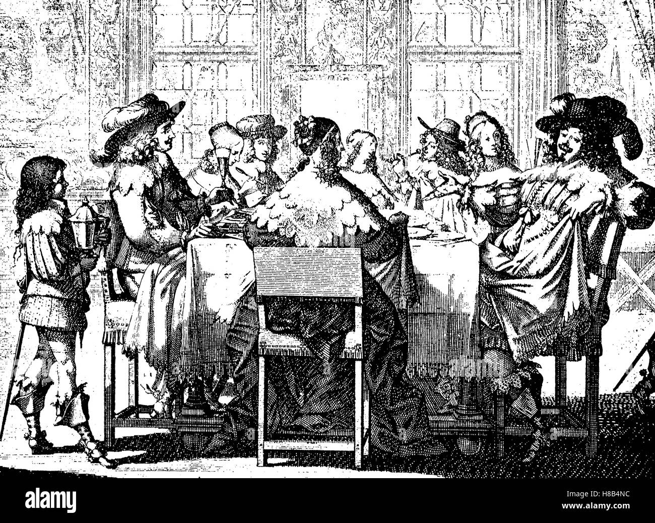 Edle Männer und Frauen mit der neuen Mode-Stil des Jahres 1635, Geschichte der Mode, Kostüm-Geschichte Stockfoto
