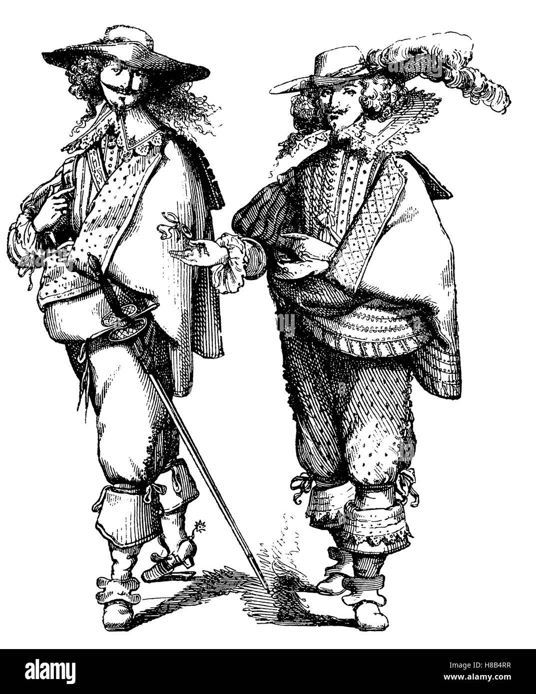 edle französische Männer im Jahr 1628, mit langen Haaren und einem Henri Quatre, Geschichte der Mode, Kostüm-Geschichte Stockfoto