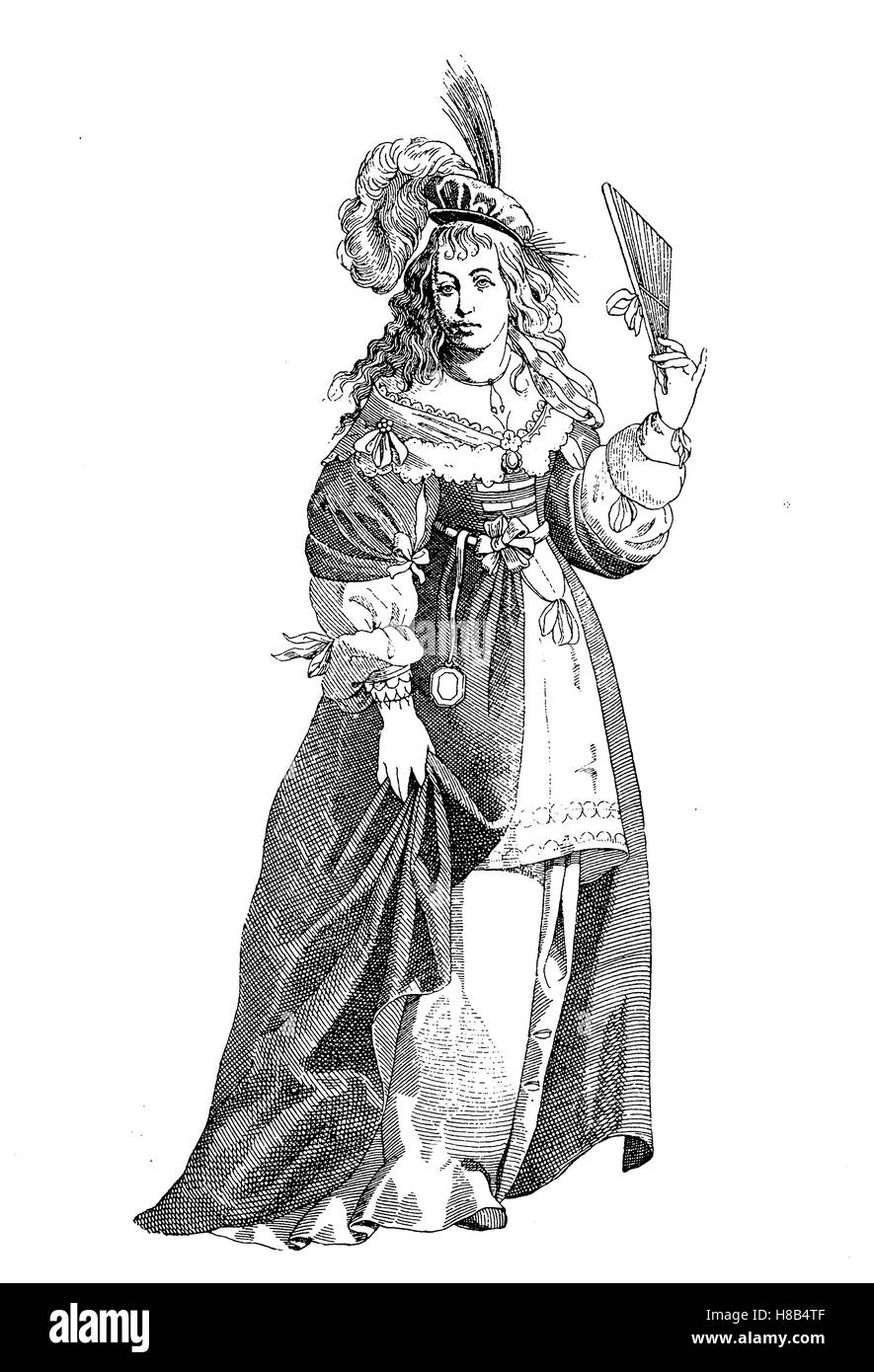 edle Dame mit Fächer im Jahr 1640, Frankreich, Geschichte der Mode, Kostüm-Geschichte Stockfoto