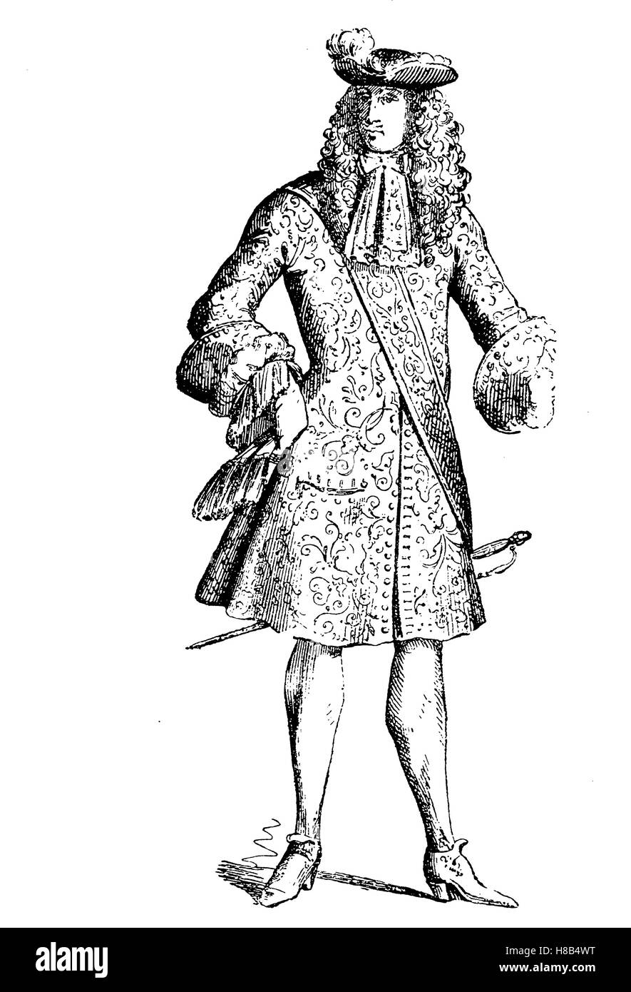 französischer Leutnant im Jahr 1673, tragen eines Justacorps oder Justaucorps, Geschichte der Mode, Kostüm-Geschichte Stockfoto