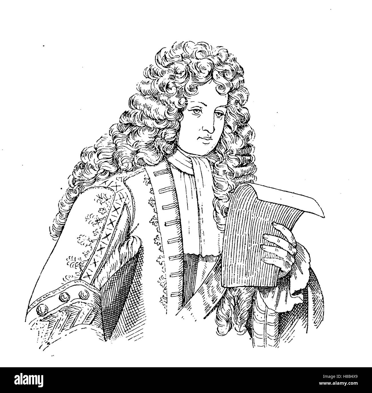 Allonge Perücke, Würdenträger im Palais von Louis XIV., 1699, Frankreich, Geschichte der Mode, Kostüm-Geschichte Stockfoto