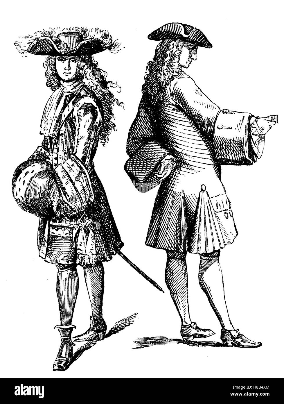 edles Kostüm im Jahr 1693 (links), Burgess Kostüm im Jahr 1710 (rechts), Frankreich, Geschichte der Mode, Kostüm-Geschichte Stockfoto