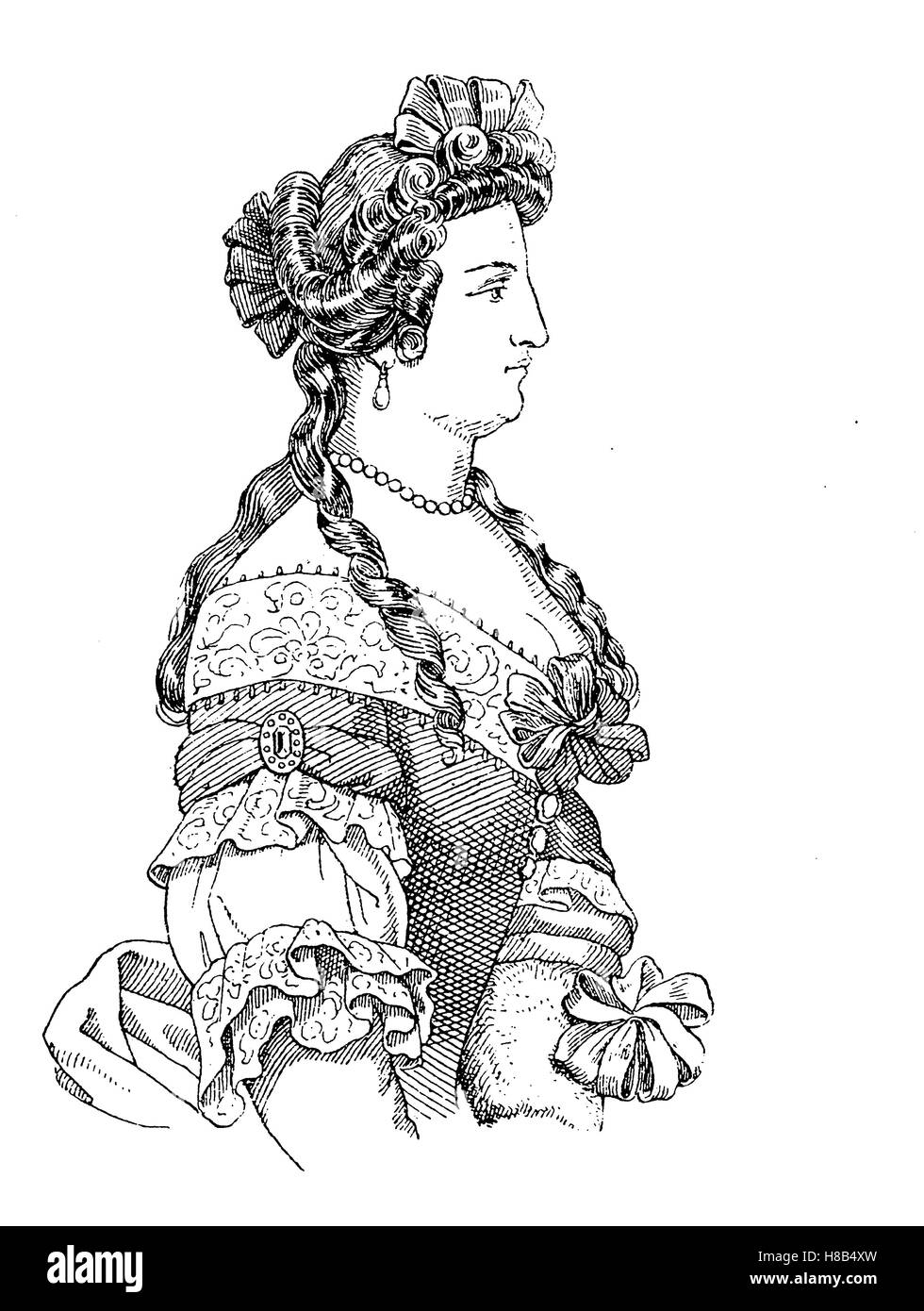 Das Kostüm einer edlen Dame Fontange ab, 1770, Geschichte der Mode, Kostüm-Geschichte Stockfoto
