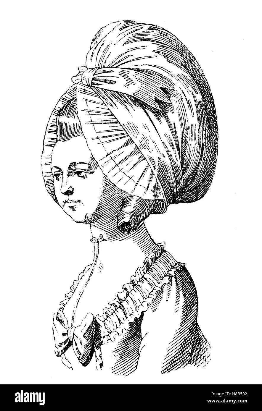Kopf einer Frau mit einem Dormeuse, Frau von Paris am Anfang der Revolution, Geschichte der Mode, Kostüm-Geschichte Stockfoto