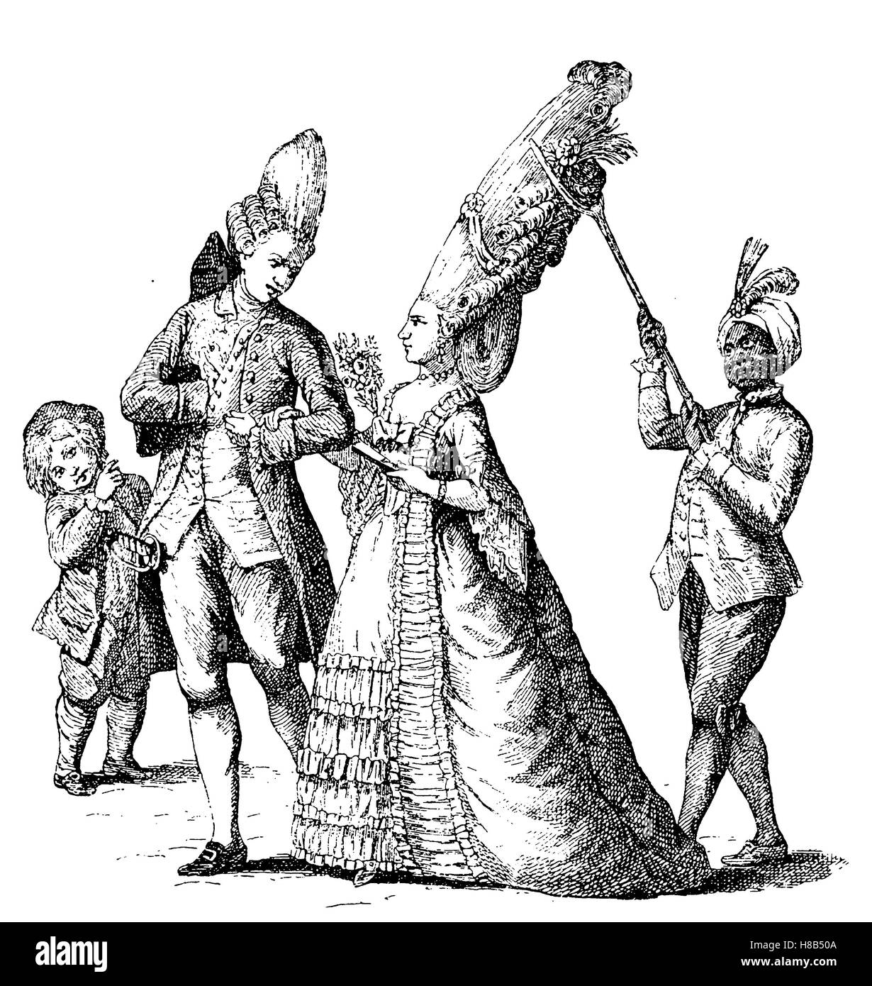 Kostüm um 1780 mit hoher Frisur, Frankreich, Geschichte der Mode, Kostüm-Geschichte Stockfoto