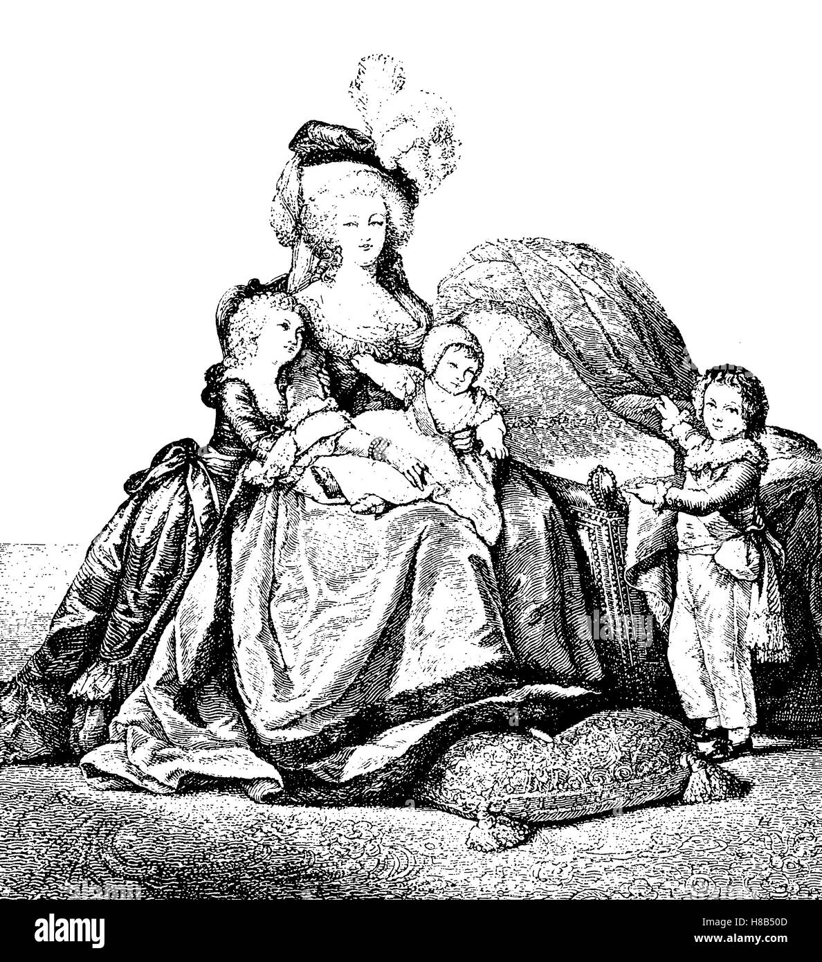 Königin von Frankreich, Marie Antoinette und ihre Kinder, 1785, Geschichte der Mode, Kostüm-Geschichte Stockfoto