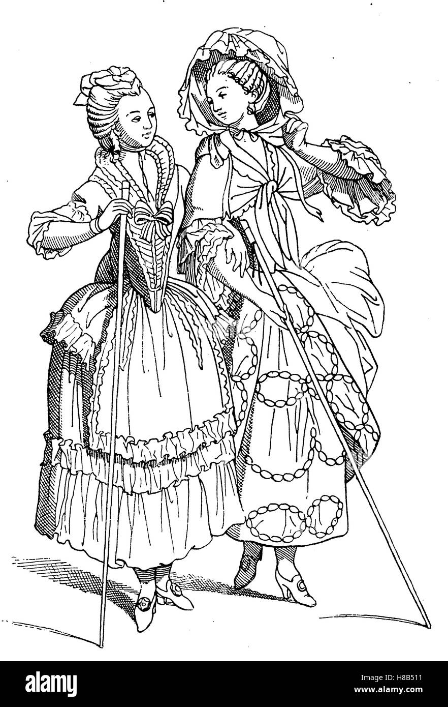 Frauen aus Paris mit Promenade Kostüm Kostüm 1780, Geschichte der Mode, Geschichte Stockfoto