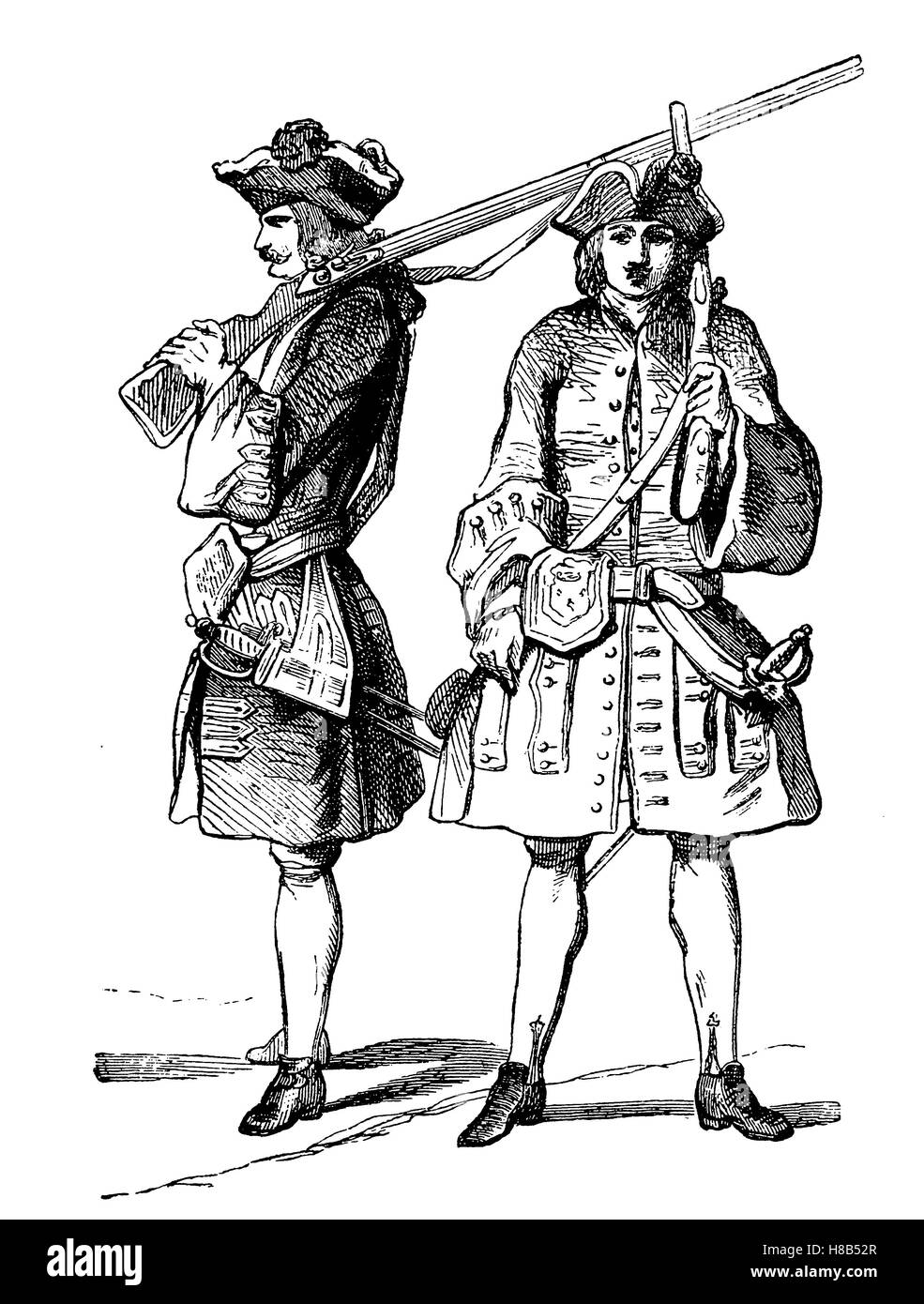 französischer Soldat, 1721, Geschichte der Mode, Kostüm-Geschichte Stockfoto