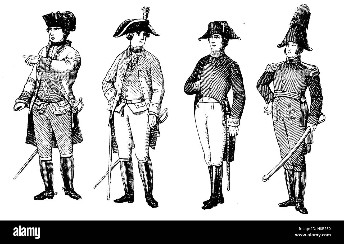 österreichische Uniformas von 1770-1815, Geschichte der Mode, Kostüm-Geschichte Stockfoto