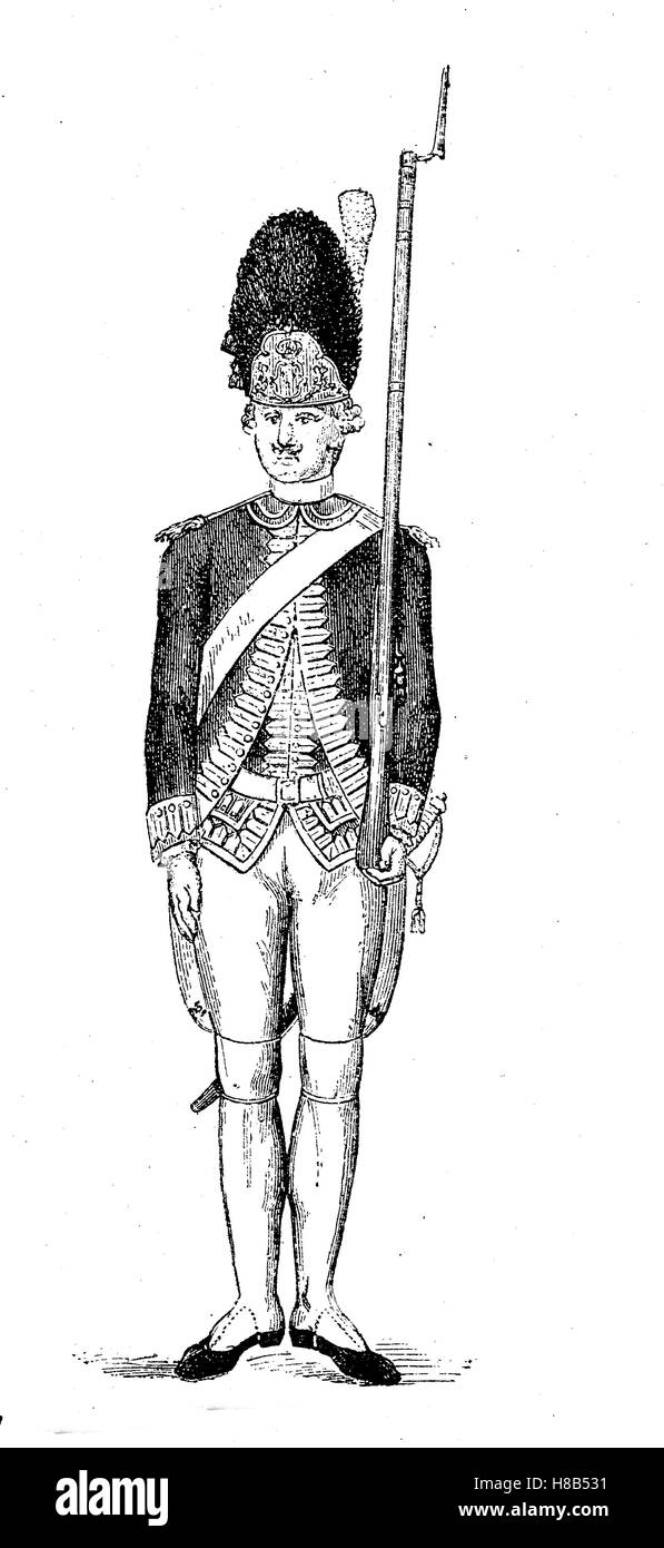 französischer Grenadier mit Bärenfell, 1780, Geschichte der Mode, Kostüm-Geschichte Stockfoto