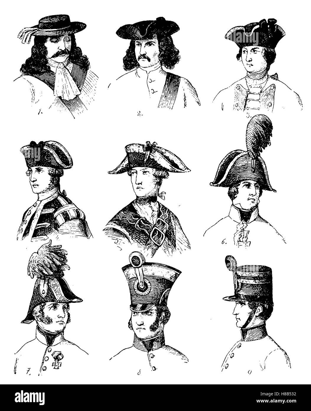 Militärische Kopfbedeckungen von 1670-1840, Geschichte der Mode, Kostüm-Geschichte Stockfoto