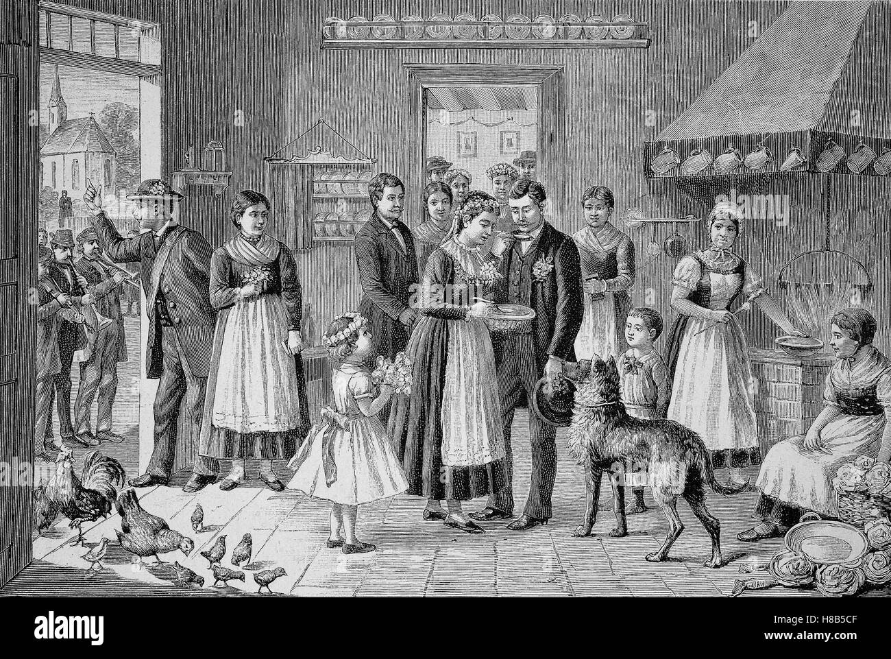 In Pommern, Tradition Hochzeit: Braut-Suppe essen, Holzschnitt aus dem Jahre 1892 Stockfoto
