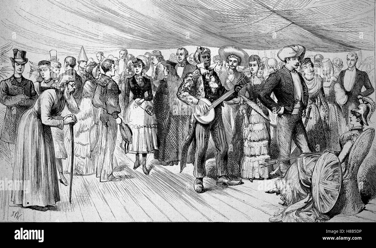 Maskenball an Bord eines Kriegsschiffes, Holzschnitt aus dem Jahre 1892 Stockfoto