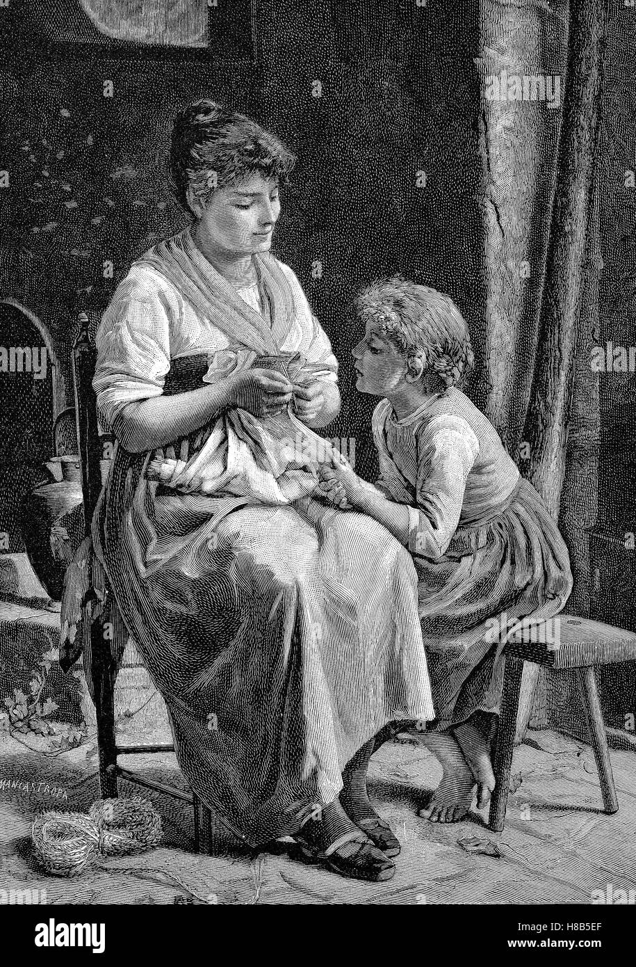 Mutter gibt ihrer Tochter Unterricht in Geflecht, Holzschnitt aus dem Jahre 1892 Stockfoto