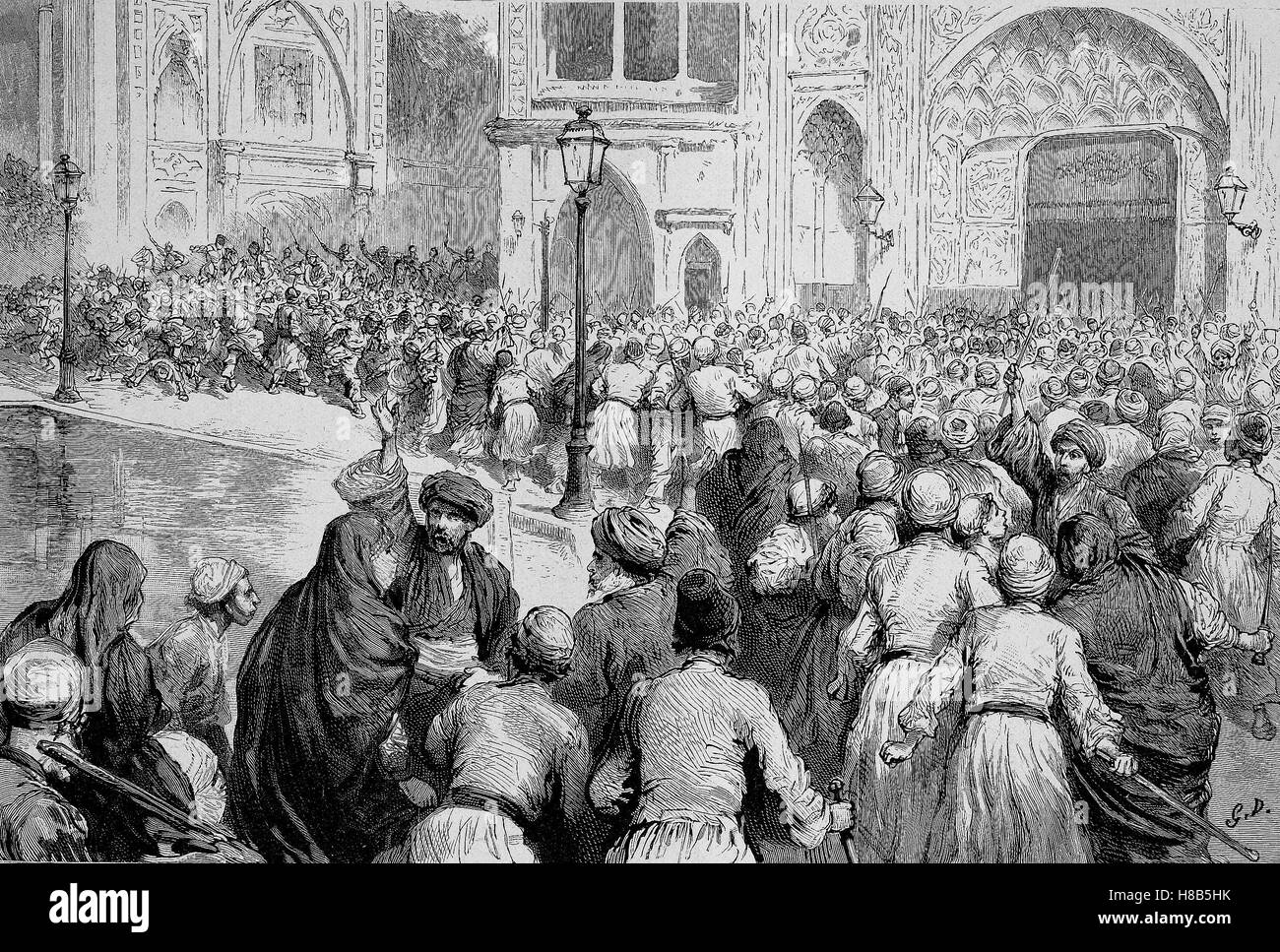 Der Tabak-Aufstand in Persien. Menschenmenge vor dem Palast der Schah fordert die Aufhebung des Monopols, Holzschnitt aus dem Jahre 1892 Stockfoto