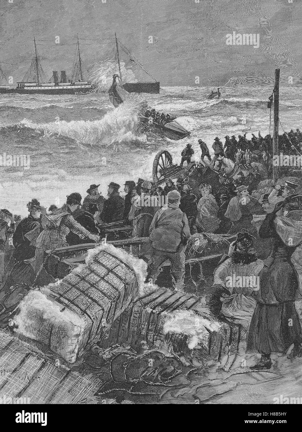 Havarie des Schiffes Eider, die Rettungsboote in Aktion, Holzschnitt aus dem Jahre 1892 Stockfoto