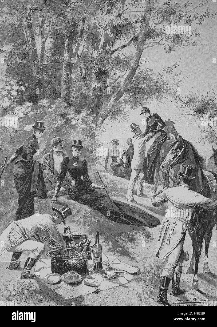 Sonntagsausflug auf Reiten höflichen Gesellschaft, Picknick, Holzschnitt aus dem Jahre 1892 Stockfoto