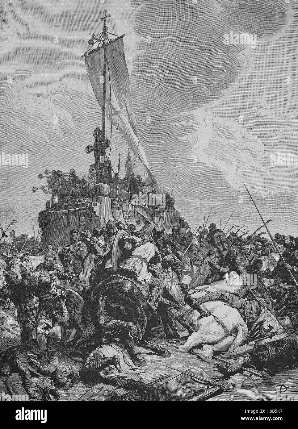 Der Schlacht bei Legnano. Die Schlacht von Legnano wurde am 29 Mai 1176 zwischen den Kräften des Heiligen Römischen Reiches, unter der Leitung von Kaiser Frederick Barbarossa und der Lega gekämpft. Die kaiserliche Armee erlitt eine schwere Niederlage, Holzschnitt aus dem Jahre 1892 Stockfoto