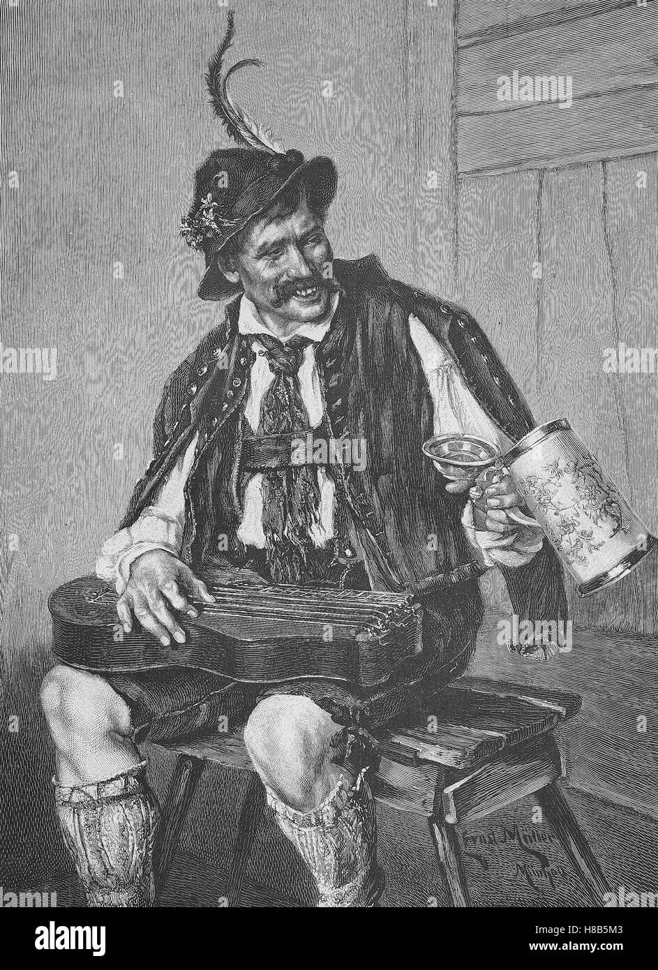 Bayerischen Musiker mit Zither und Maßkrug, Holzschnitt aus dem Jahre 1892 Stockfoto