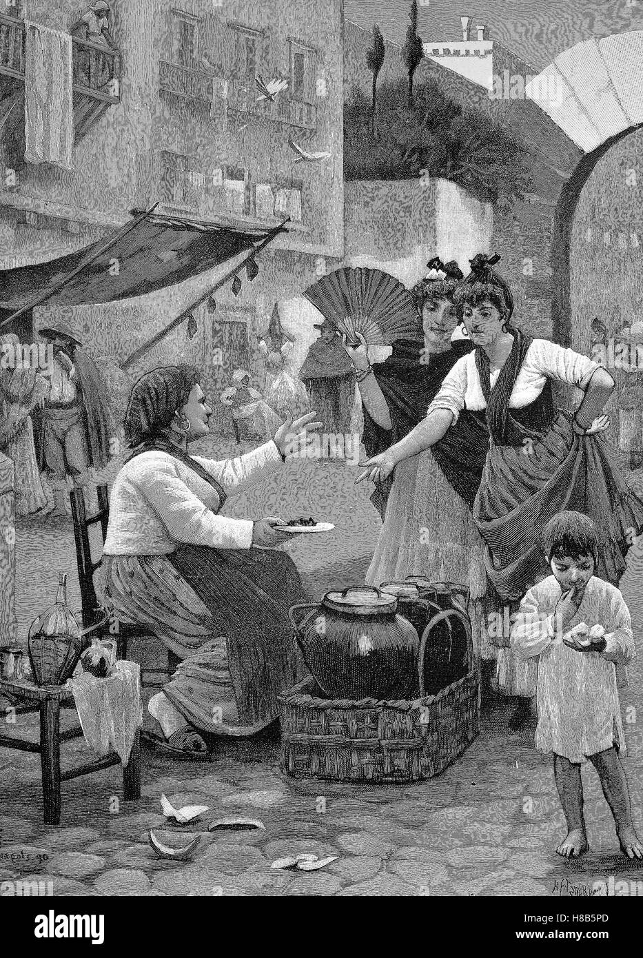 Schnecken-Verkäuferin in Neapel. Italien, Holzschnitt aus dem Jahre 1892 Stockfoto