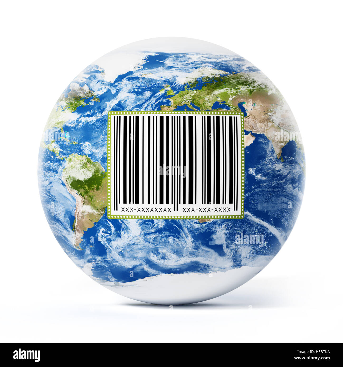 Erde mit Barcode-Etikett isoliert auf weißem Hintergrund. 3D Illustration. Stockfoto