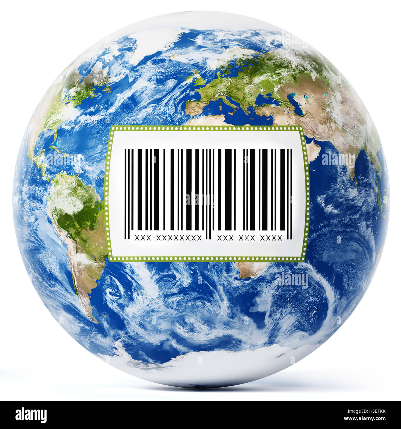 Erde mit Barcode-Etikett isoliert auf weißem Hintergrund. 3D Illustration. Stockfoto