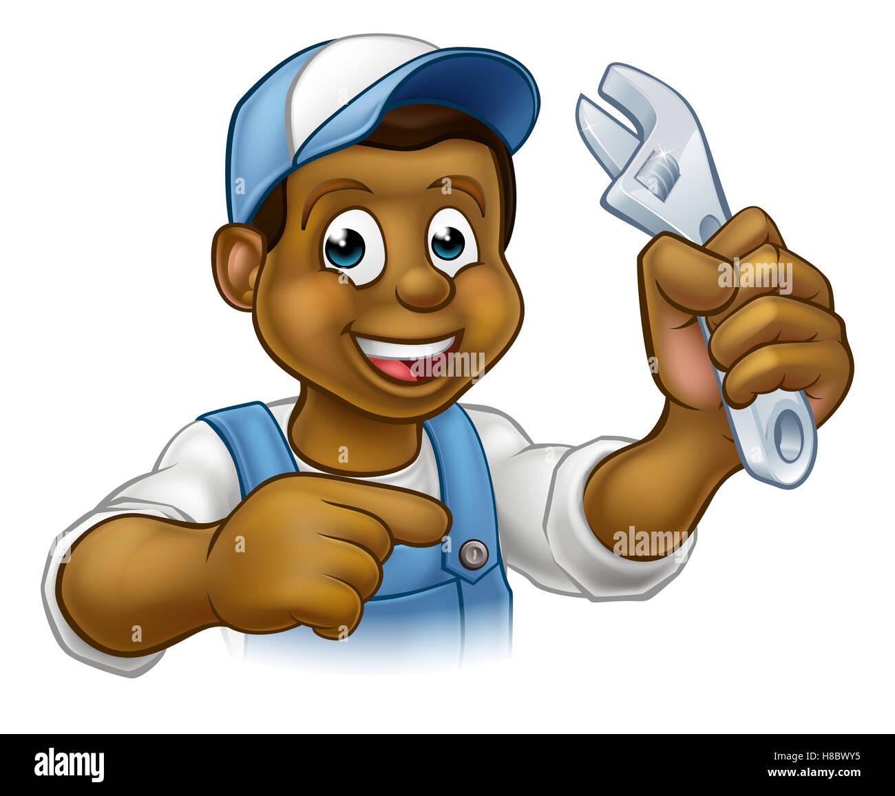 Schwarzen Mechaniker oder Klempner Handwerker Cartoon-Figur hält einen Schraubenschlüssel und zeigen Stockfoto