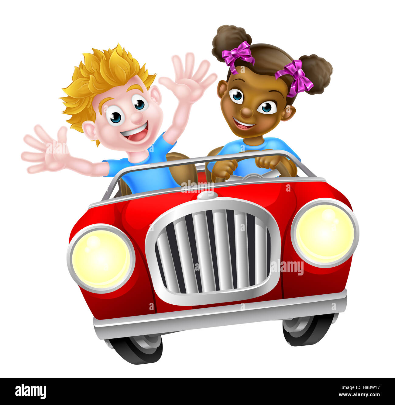 Zwei cartoon Kinder Spaß fahren schnell in einem Auto auf einem Roadtrip Stockfoto