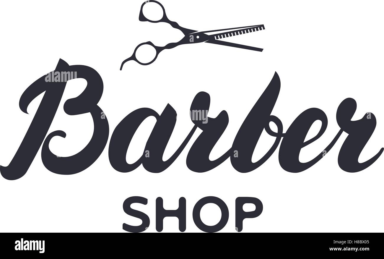 Schriftzug, Aufkleber, Abzeichen für Barbershop, Friseursalon mit einer Schere. Logo-Schriftzug. Vektor-Illustration Stock Vektor