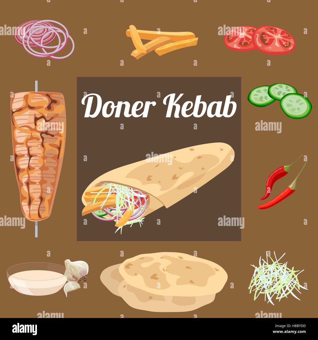 Döner Kebab. Fleisch, Gemüse, Soße, Pita. Vektor-Illustration. Stock Vektor